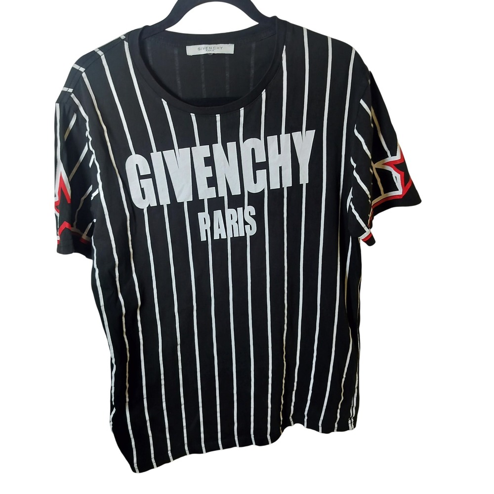 Givenchy Paris Mens Pinstripe Star Logo T-Shirt Black White Red Short Sleeve L